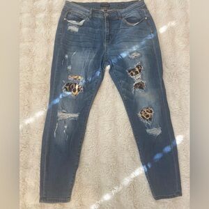 Judy Blue Distressed Blue Jeans with Leopard Print Patches